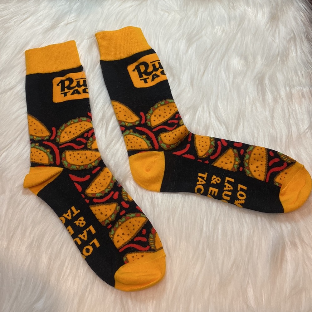 Rusty Taco, “Love, Laugh & Eat Tacos” Socks, Orange & Black, Promo Item, New